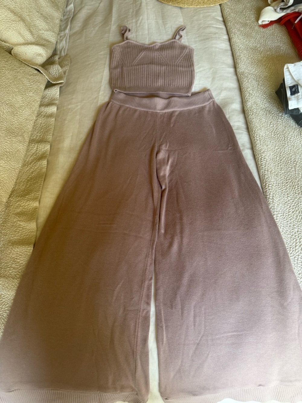 Ribbed Cropped Tank & Wide-Leg Knit Pants Set - Mauve
